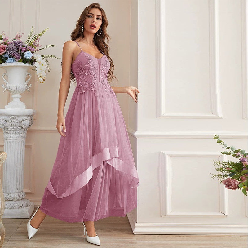 Mesh Tulle Lace Applique Spaghetti Strap V-Neck Tiered Ruffle Maxi Gown