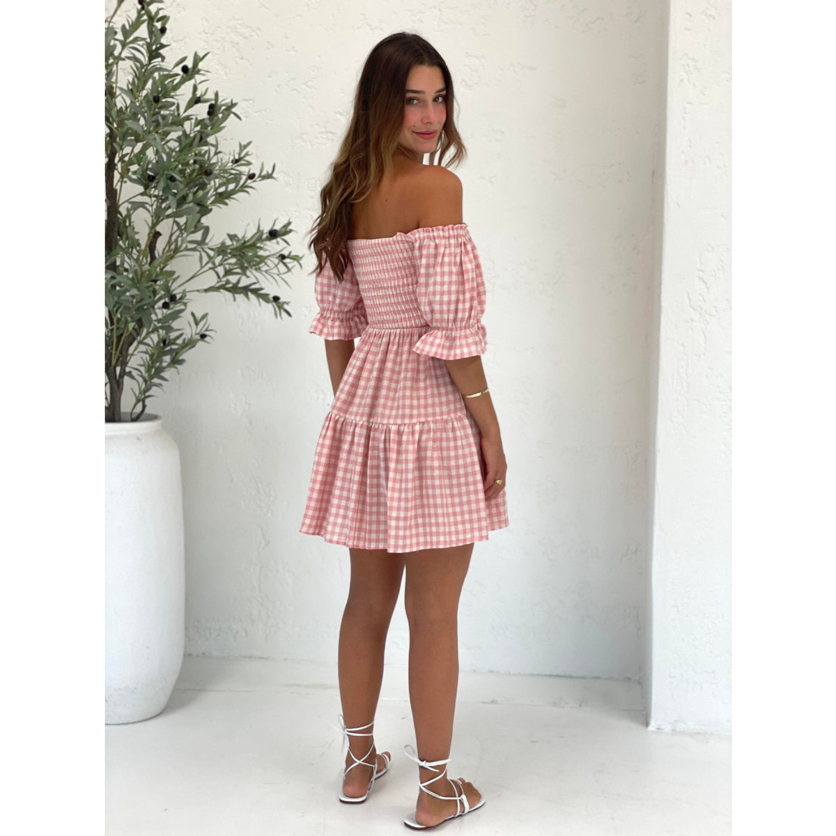 Gingham Square Neck Puff Sleeve Smocked Tiered Mini Dress 3