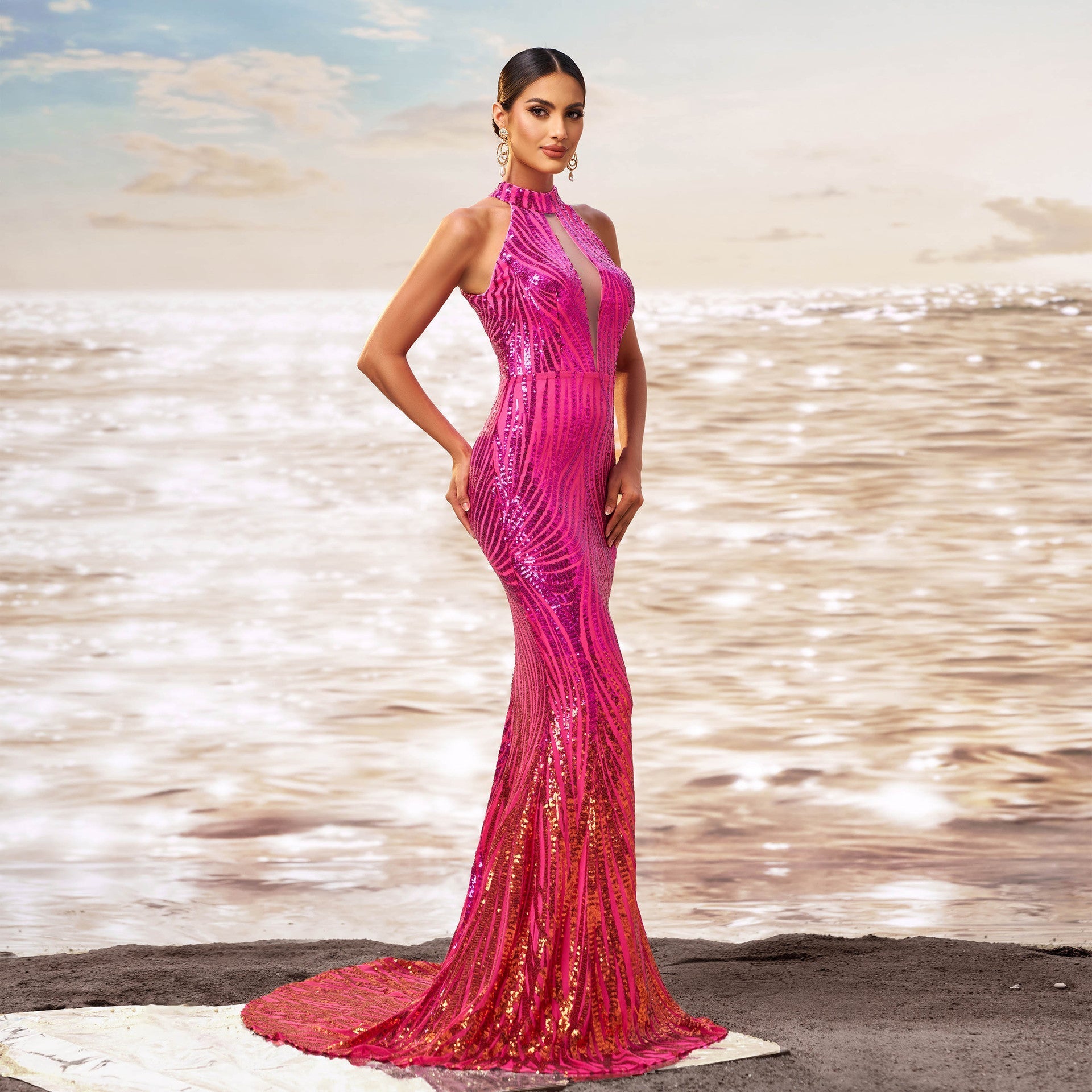 Sequin Halter Neck Keyhole Cut Out Mermaid Flared Hem Formal Gown