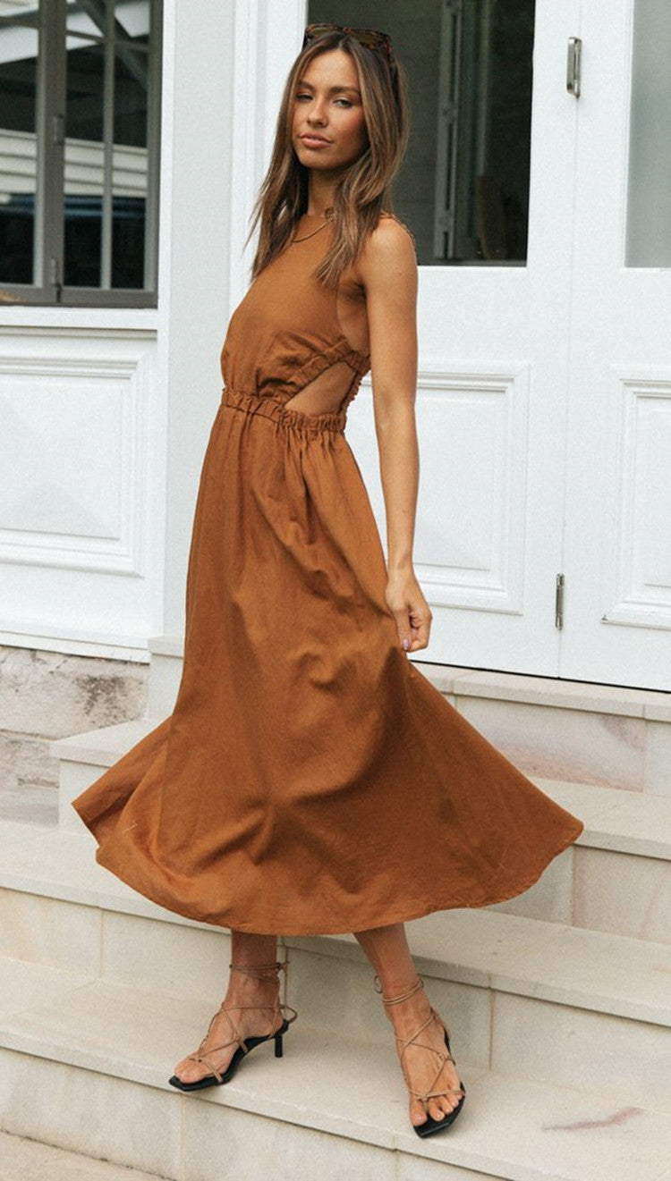Linen-Look Sleeveless Side Cut Out Open Back Elastic Waist Maxi Dress 5