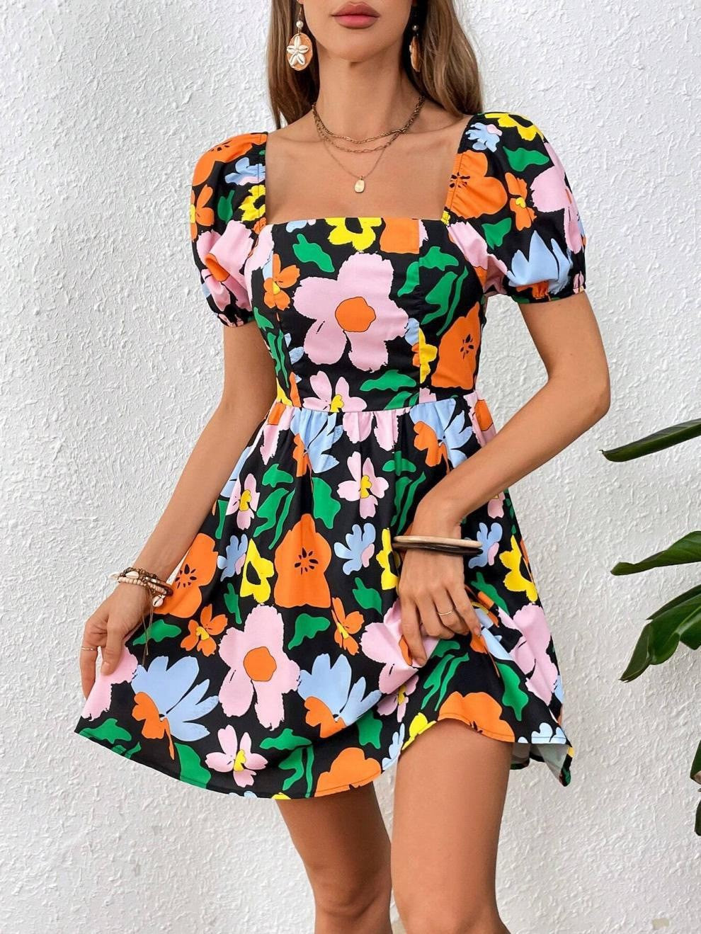 Floral Print Square Neck Puff Sleeve Tie Back Open Back Mini Dress