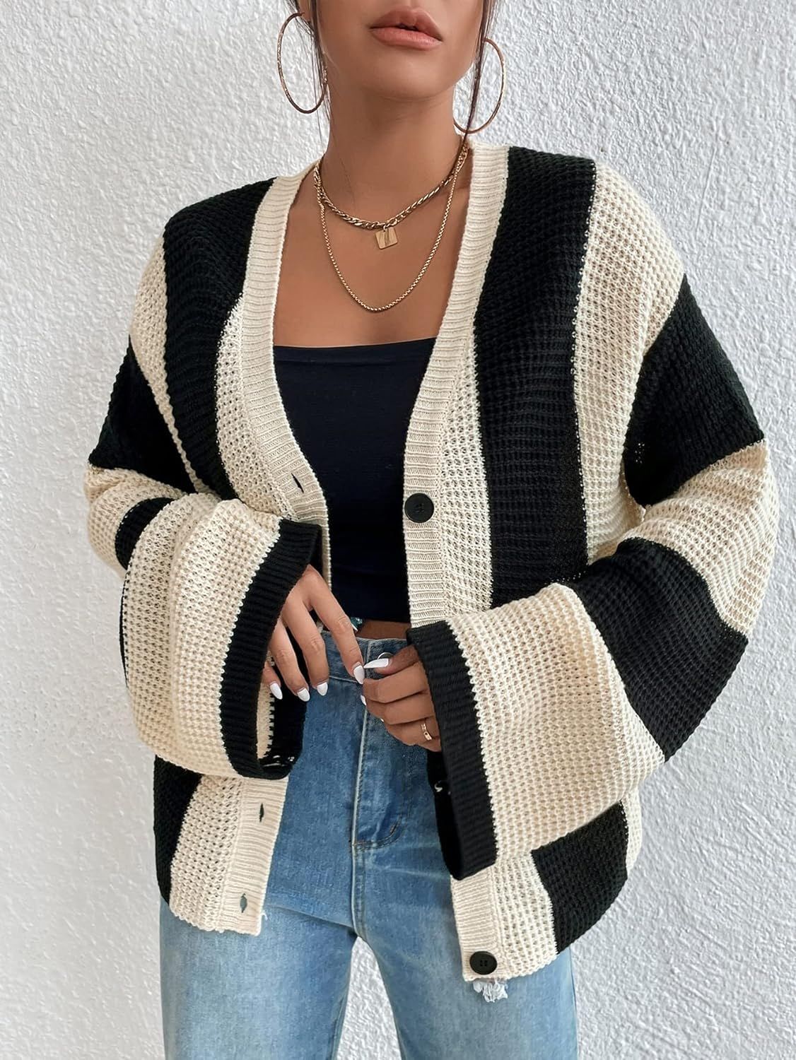 Striped contrast bell sleeve knitted cardigan