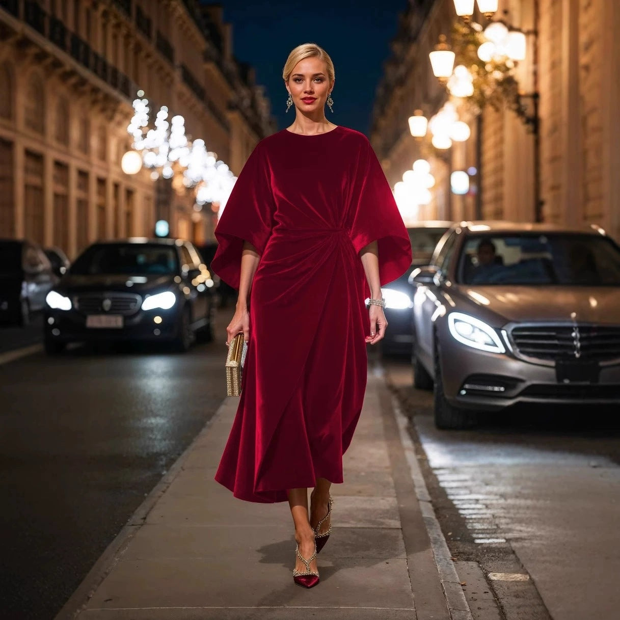 Velvet Round Neck Batwing Sleeve Side Twist Ruched Midi Cocktail Dress