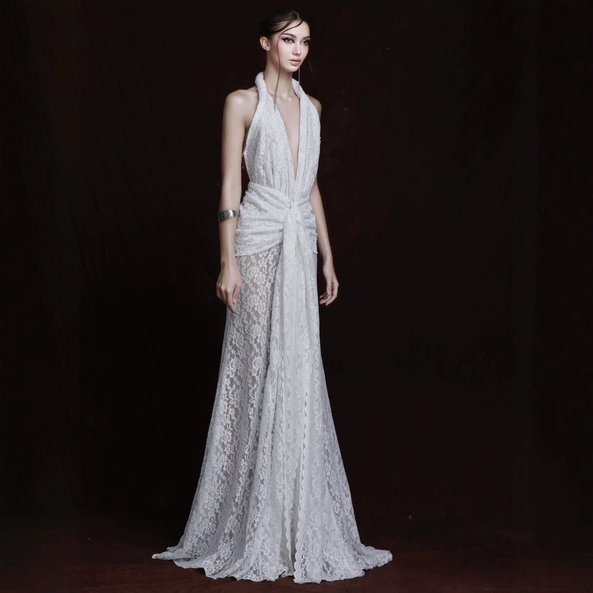 Lace Halter Neck Deep V-Neck Twist Front Sheer Skirt Maxi Gown 4