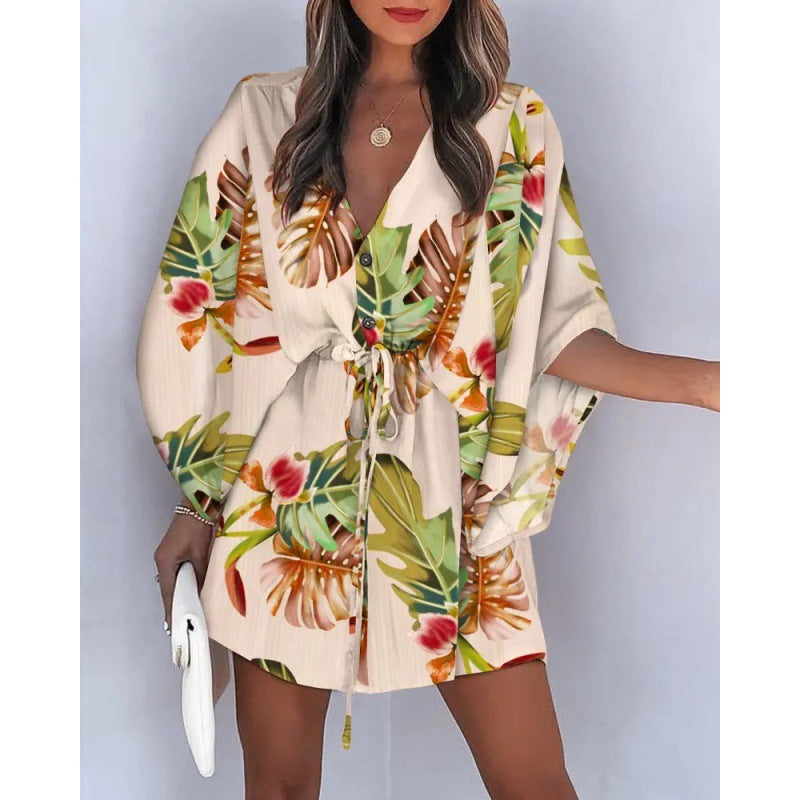 Abstract Geometric Print Deep V-Neck Batwing Sleeve Button Up Mini Dress