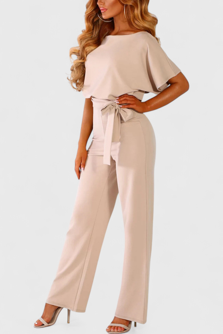 Boat Neck Batwing Sleeve Belted Wide Leg Jumpsuit