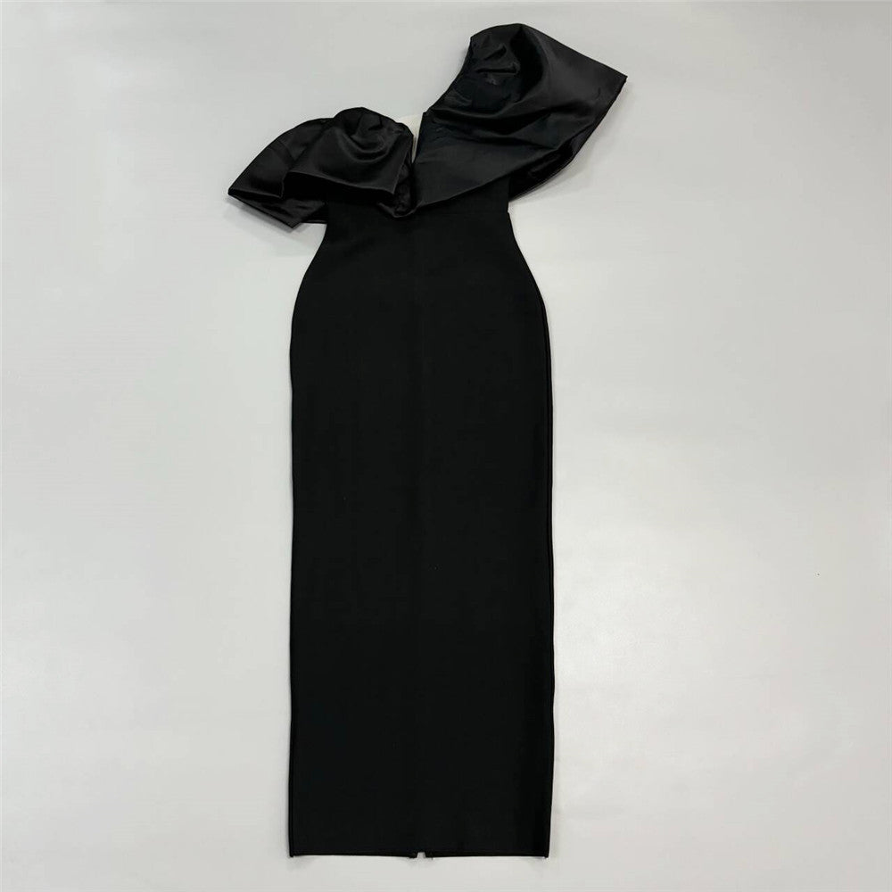 One Shoulder Ruffle Velvet Column Maxi Gown