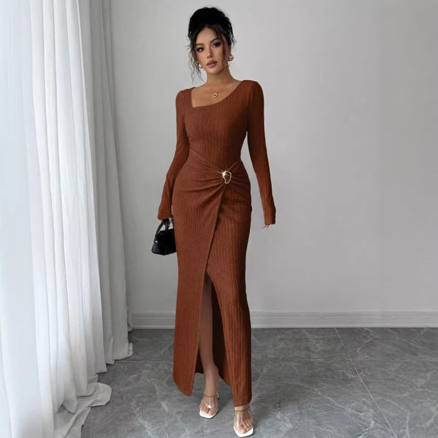 Knitted Slim Long Sleeve Split Dress Women Elegant Sheath Dress