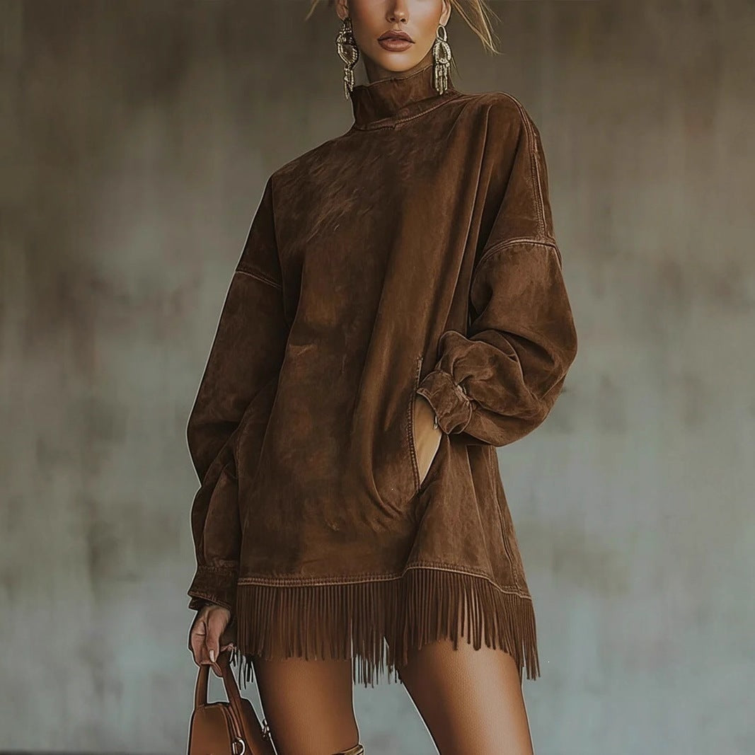 StandTurtleneck Suede Vintage Loose Pockets Tassel Long Sleeve Dress