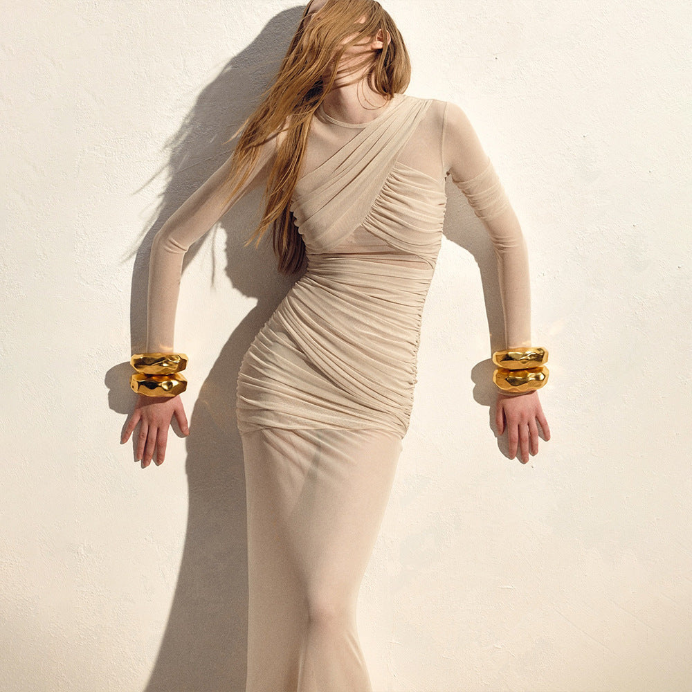 Attractive Mesh See through Maxi Dress Long Sleeve Sexy Pleated Slim Fit Dress