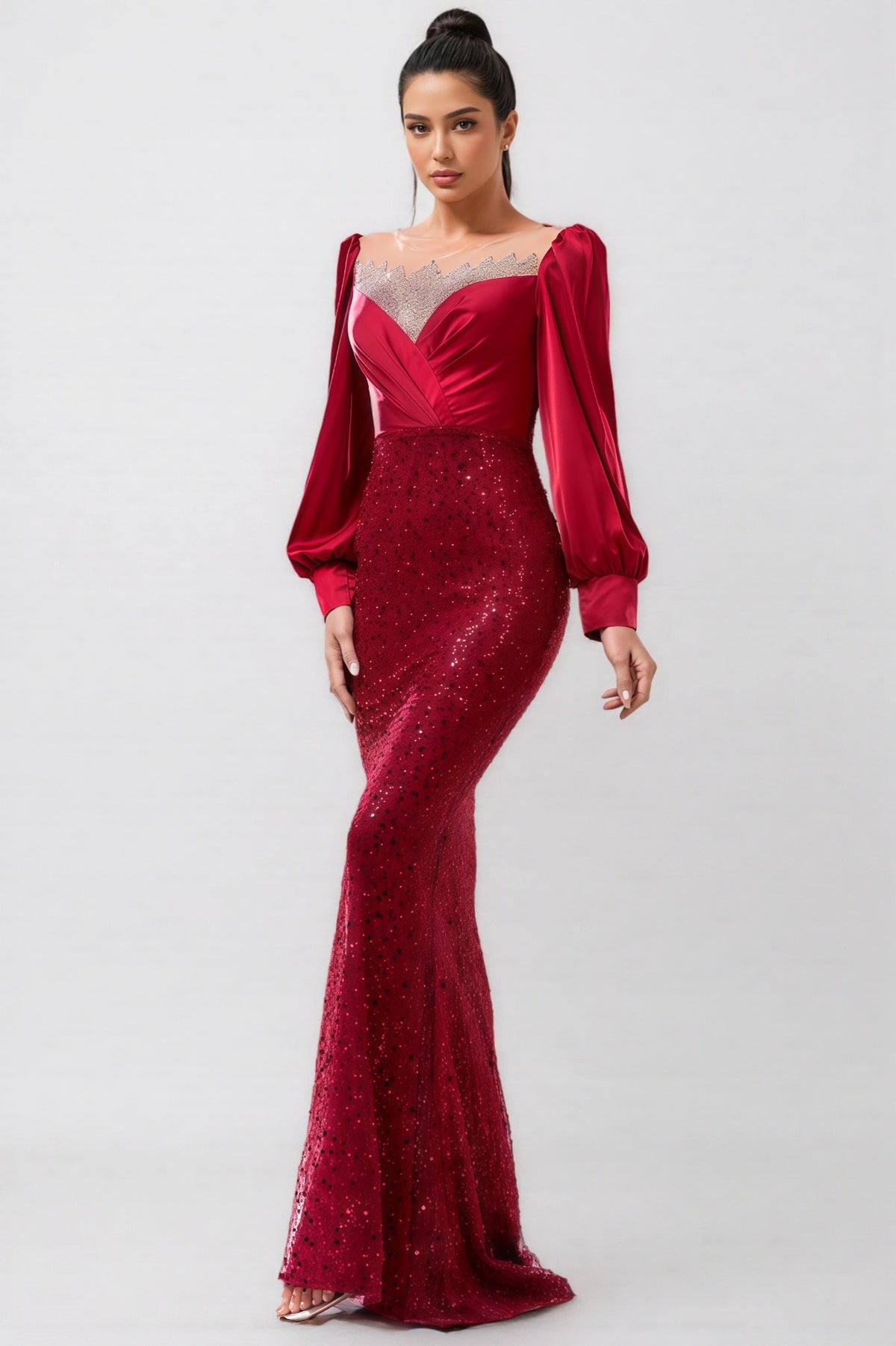Satin Puff Long Sleeve Illusion Neck Sequin Mermaid Maxi Gown 5