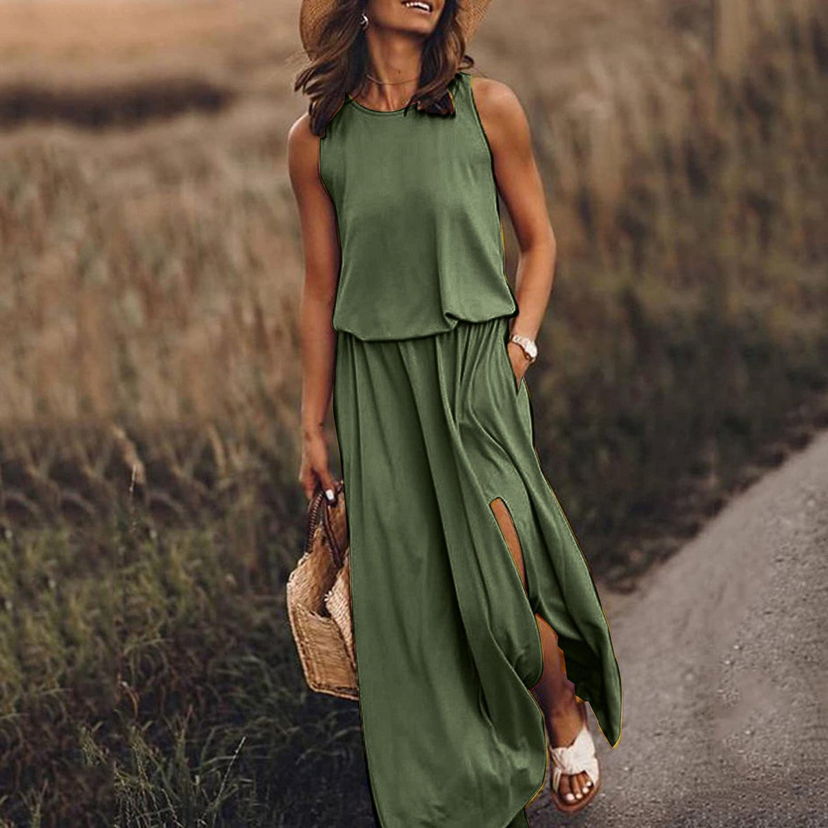 Crew Neck Sleeveless Elastic Waist Side Split Maxi Dress 8