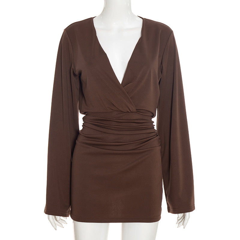 Deep V-Neck Wrap Front Bell Sleeve Ruched Bodycon Mini Dress 2