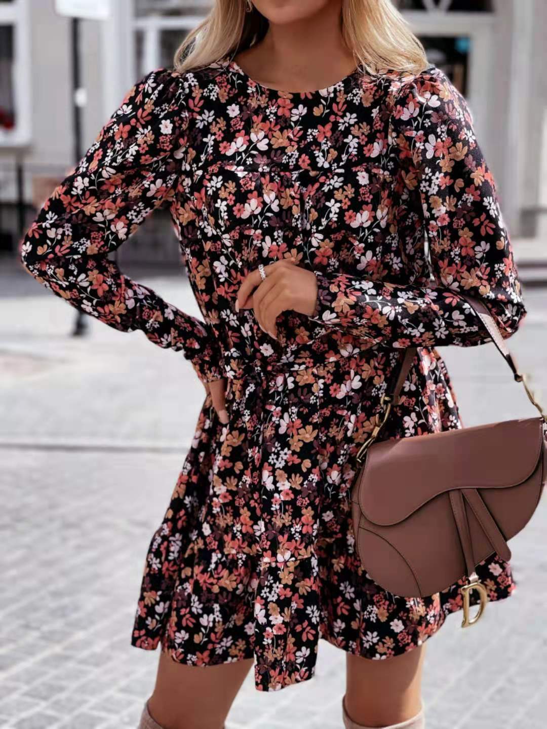 Floral Long Sleeve High Neck Tiered Ruffle Mini Dress