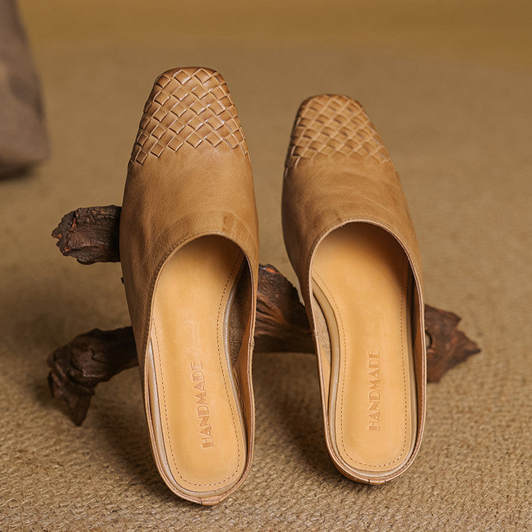 Woven Square Toe Flat Mules