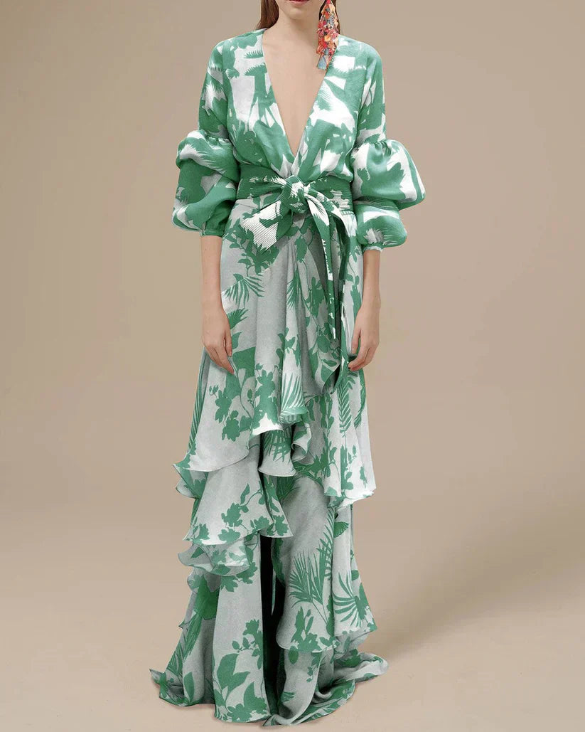 Deep V-Neck Balloon Sleeve Tie Waist Tiered Tropical Print Chiffon Maxi Dress