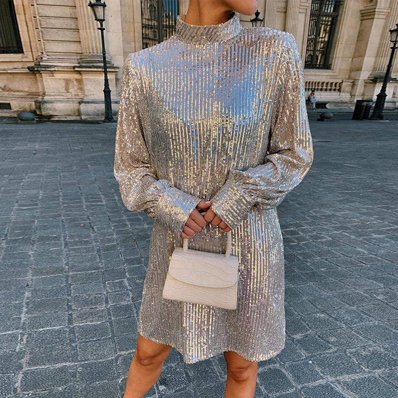 Sequin Mock Neck Long Sleeve Tie Waist Belted Bow Mini Dress