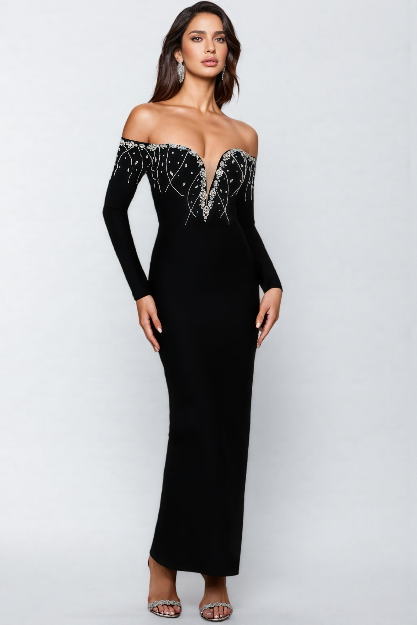 Rhinestone Embroidered Off Shoulder Long Sleeve Deep V-Neck Mesh Maxi Gown