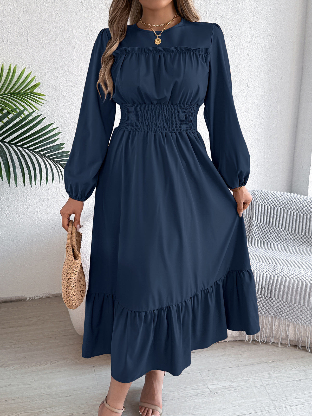 Crew Neck Long Sleeve Ruffle Yoke Smocked Waist Tiered Hem Maxi Dress 5