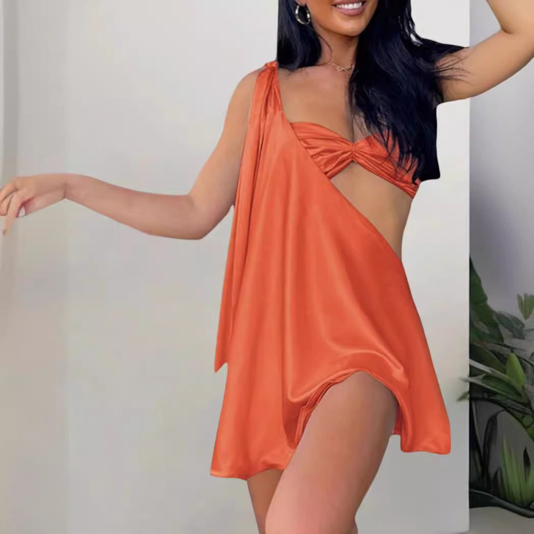 One Shoulder Twist Front Cut Out Flowy Mini Dress