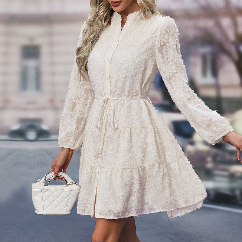 Textured Long Sleeve Button Front Tiered Mini Dress 10