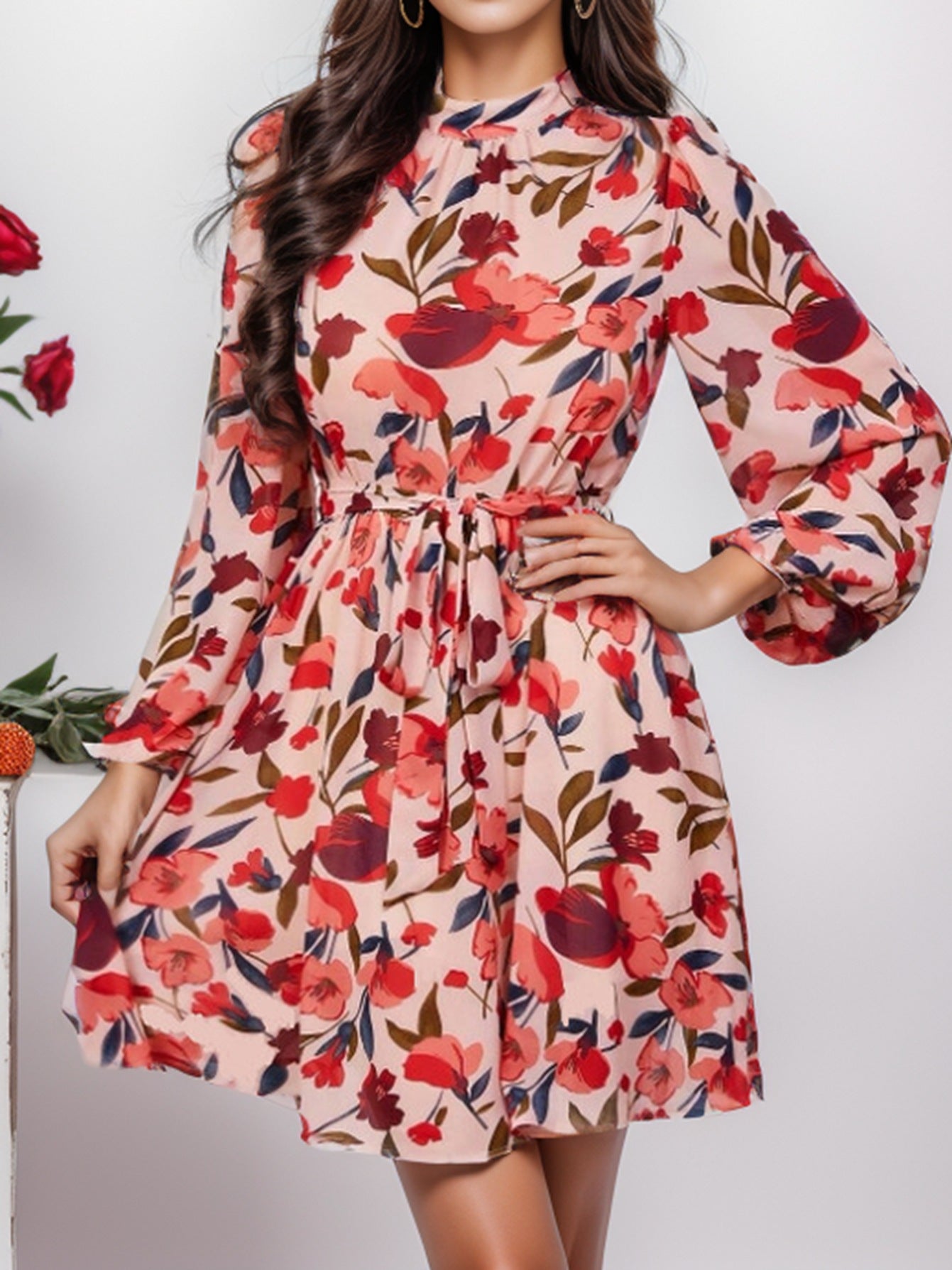 Floral High Neck Long Sleeve Tie Waist Fit and Flare Mini Dress