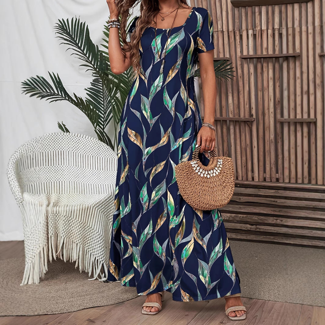 Leaf Print Scoop Neck Short Sleeve Maxi Dress 2