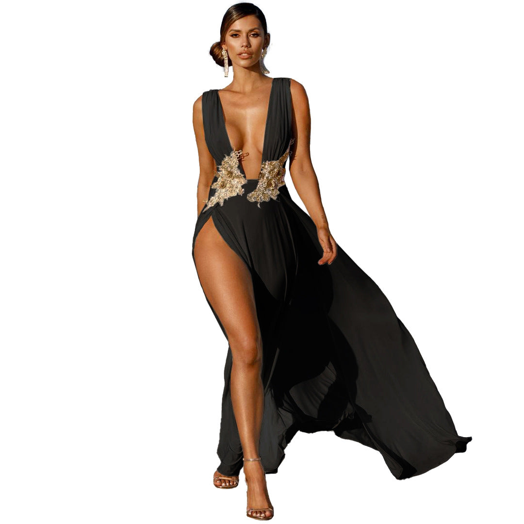 Deep V Plunge High Slit Evening Maxi Dress - View 6
