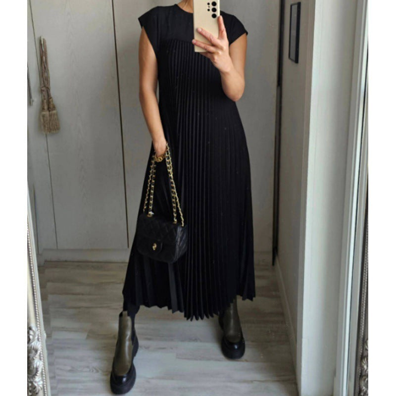 High Neck Cap Sleeve Pleated Loose Maxi Dress 8