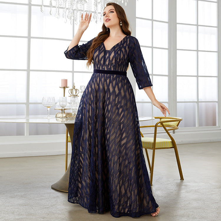 Lace V-Neck Long Sleeve Belted A-Line Maxi Dress