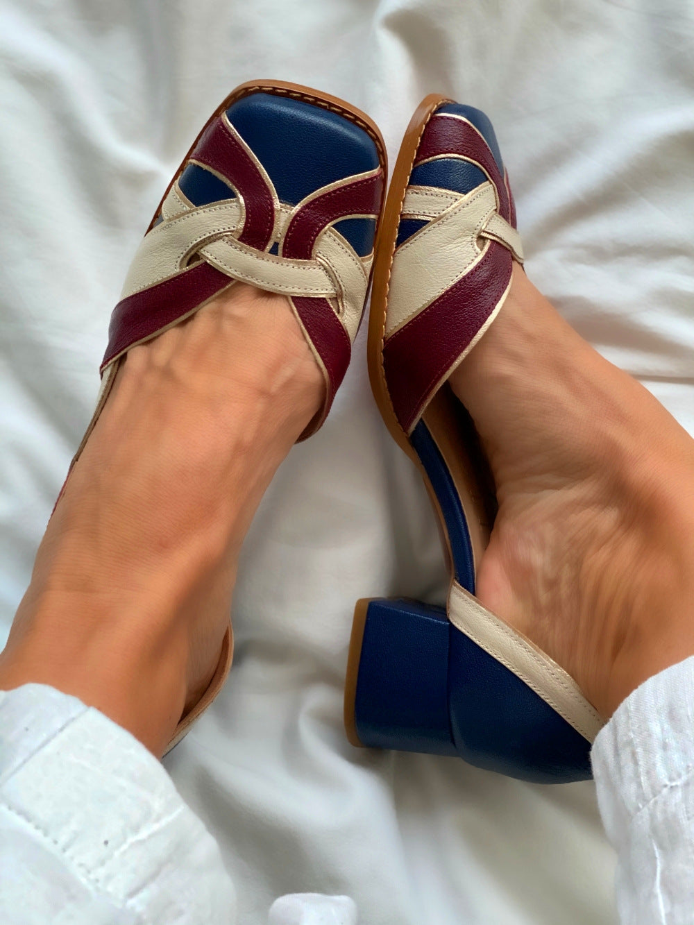 Multicolor patchwork Mid-heel Square toe side ditch Sandals