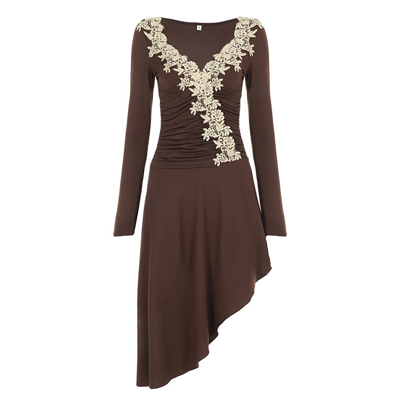 Floral Applique V-Neck Long Sleeve Ruched Asymmetric Hem Midi Dress 2