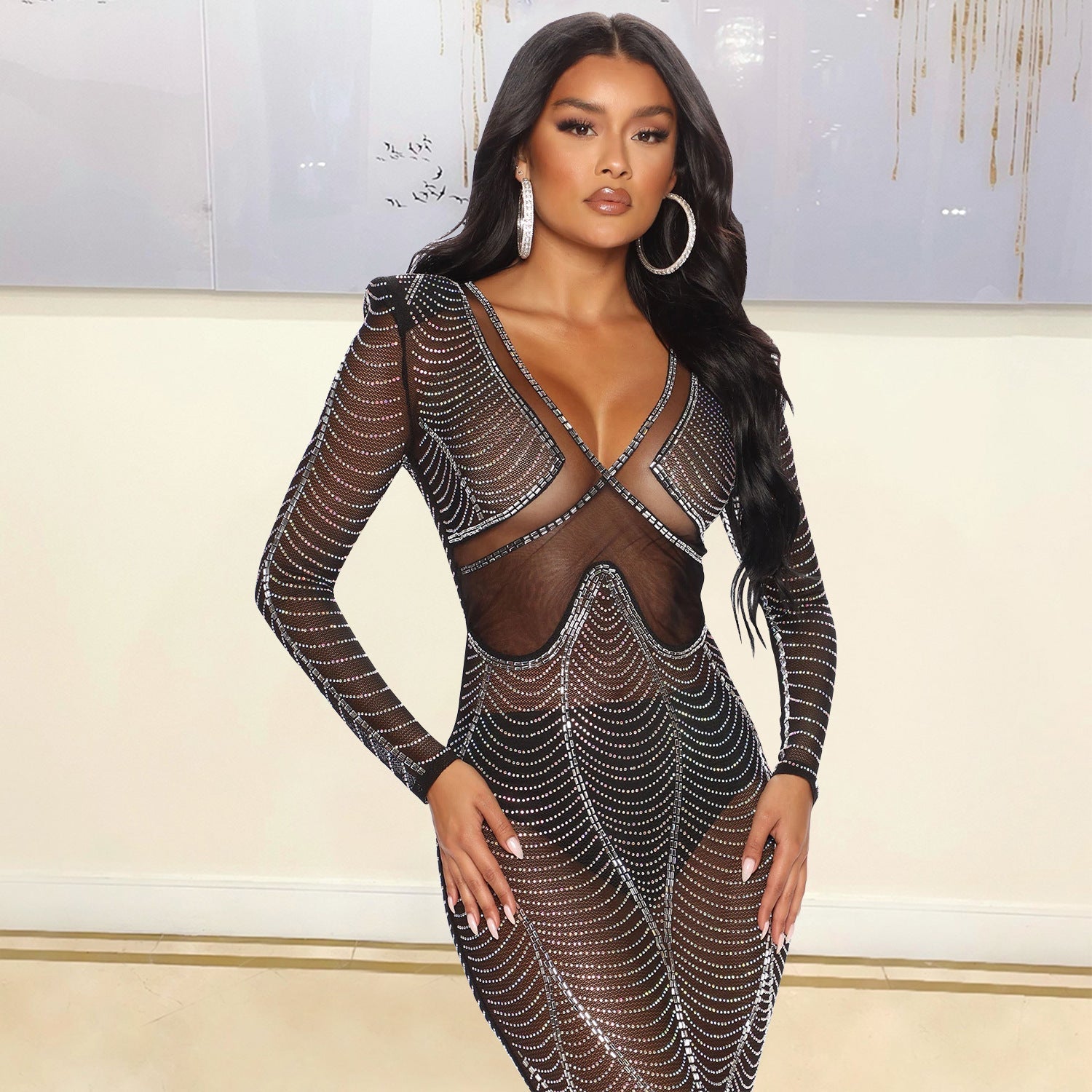 Rhinestone Mesh Deep V-Neck Long Sleeve Maxi Gown