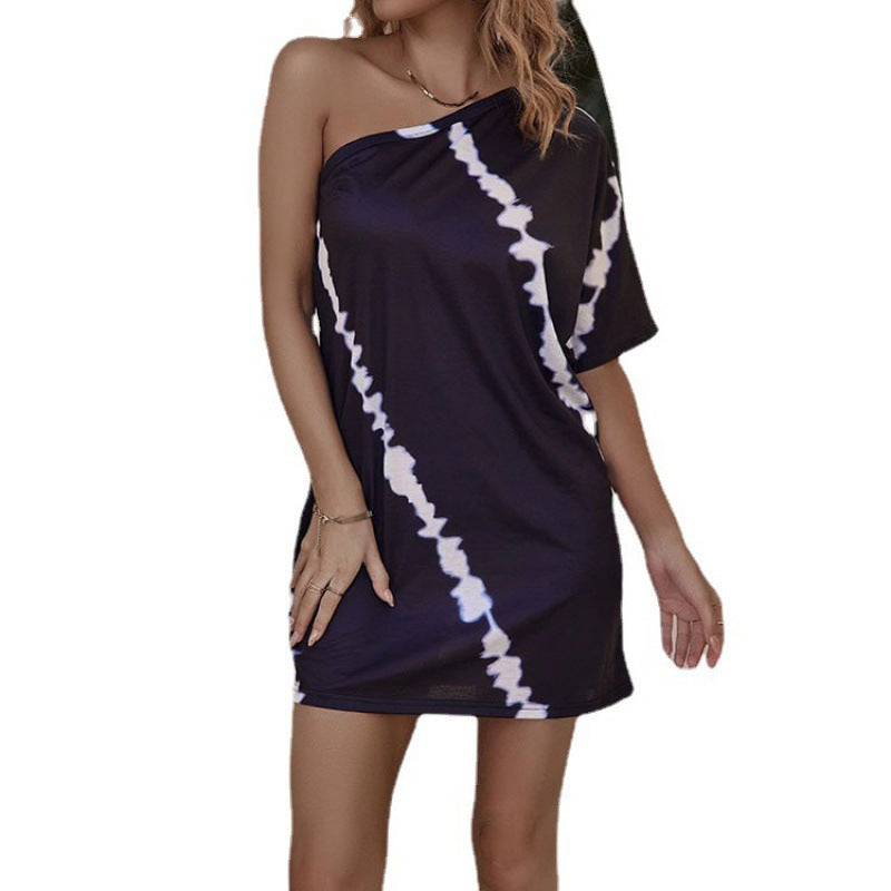 Tie Dye Print One Shoulder Short Sleeve Belted Wrap Mini Dress