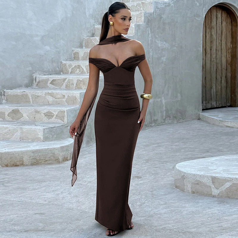Off Shoulder Sweetheart Neck Scarf Ruched Bodycon Maxi Dress 3