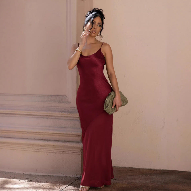 Satin Scoop Neck Cami Chiffon Panel Backless Maxi Slip Dress 2