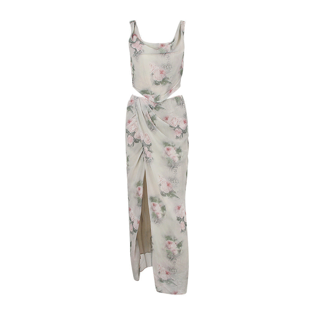 Chiffon Square Neck Corset Bustier High Split Maxi Two Piece Set