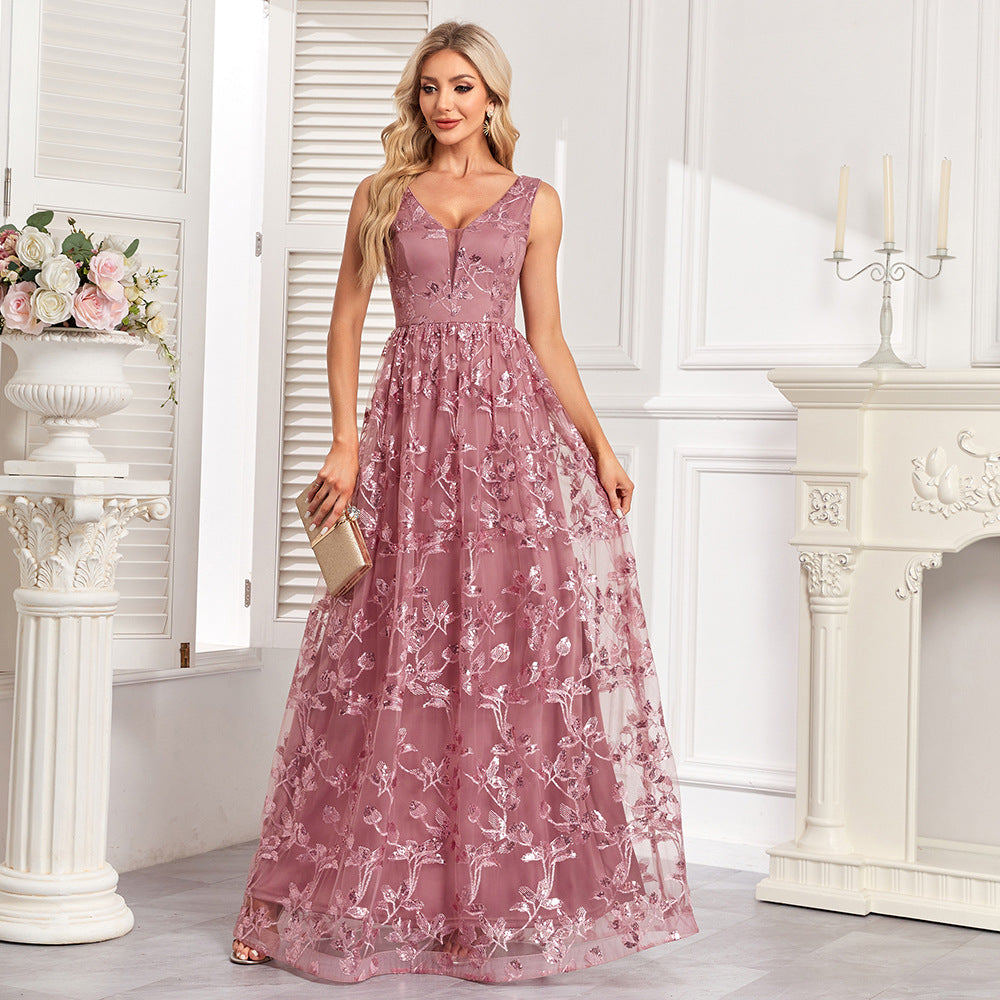 Floral Sequin V-Neck Sleeveless Tulle A-Line Maxi Gown