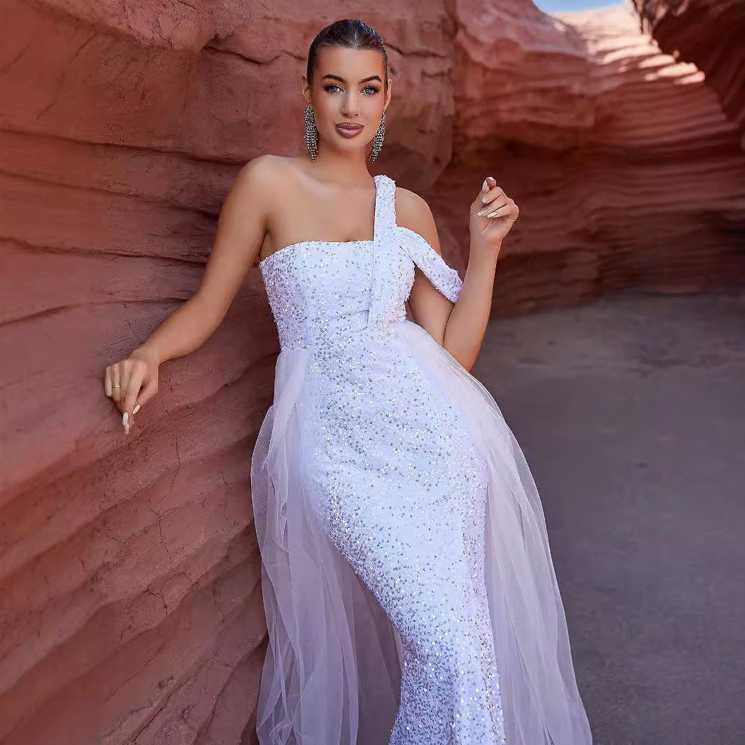 Sequin Strapless High Split Tulle Overlay Train Maxi Gown 2