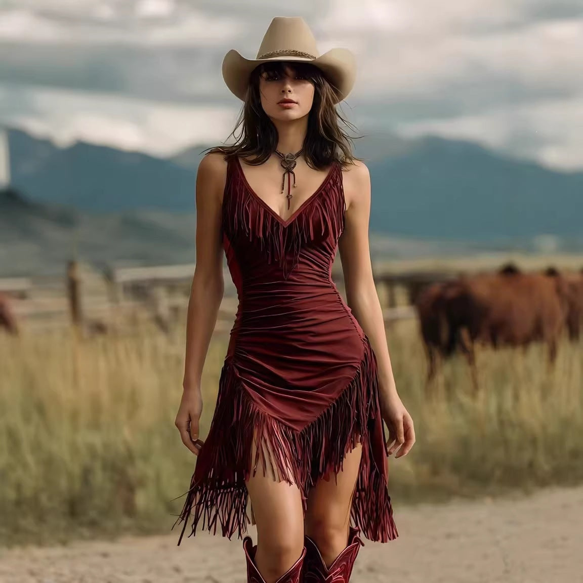 Faux Suede Fringe Deep V-Neck Ruched Mini Dress 2