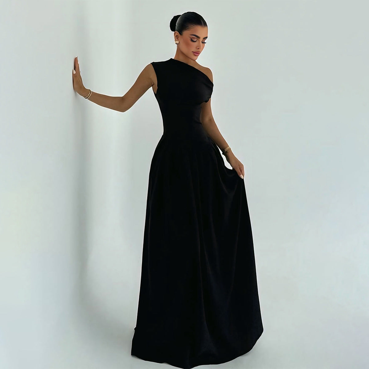 One Shoulder Sleeveless Fitted Bodice A-Line Maxi Gown