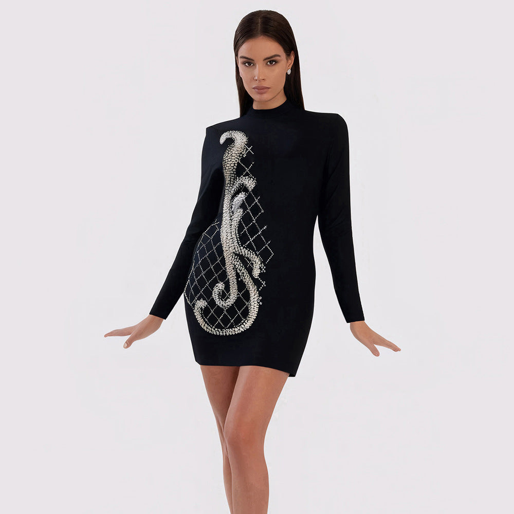 Long Sleeve Mock Neck Rhinestone Embellished Bodycon Bandage Mini Dress