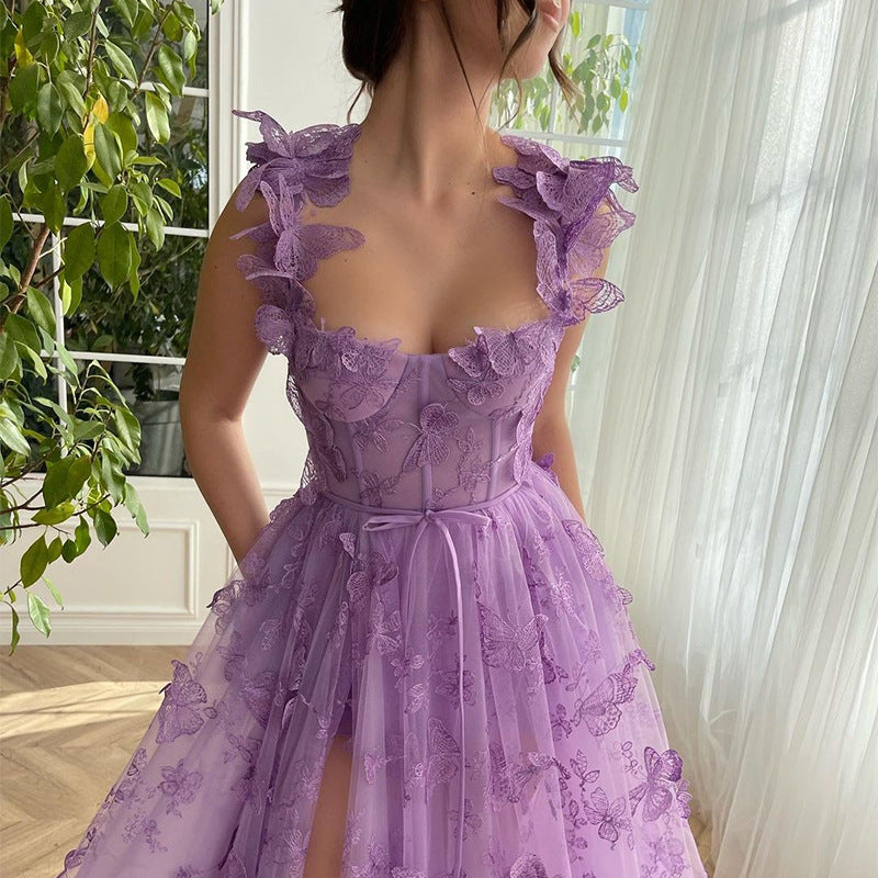 Wedding Tulle Spaghetti Straps Sleeveless High Slit Bridal Dress - View 3