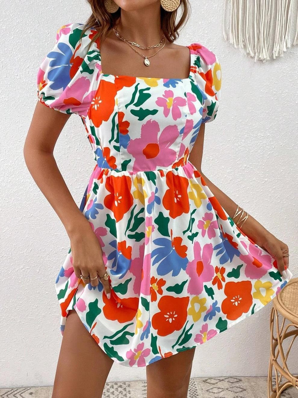 Floral Print Square Neck Puff Sleeve Tie Back Open Back Mini Dress