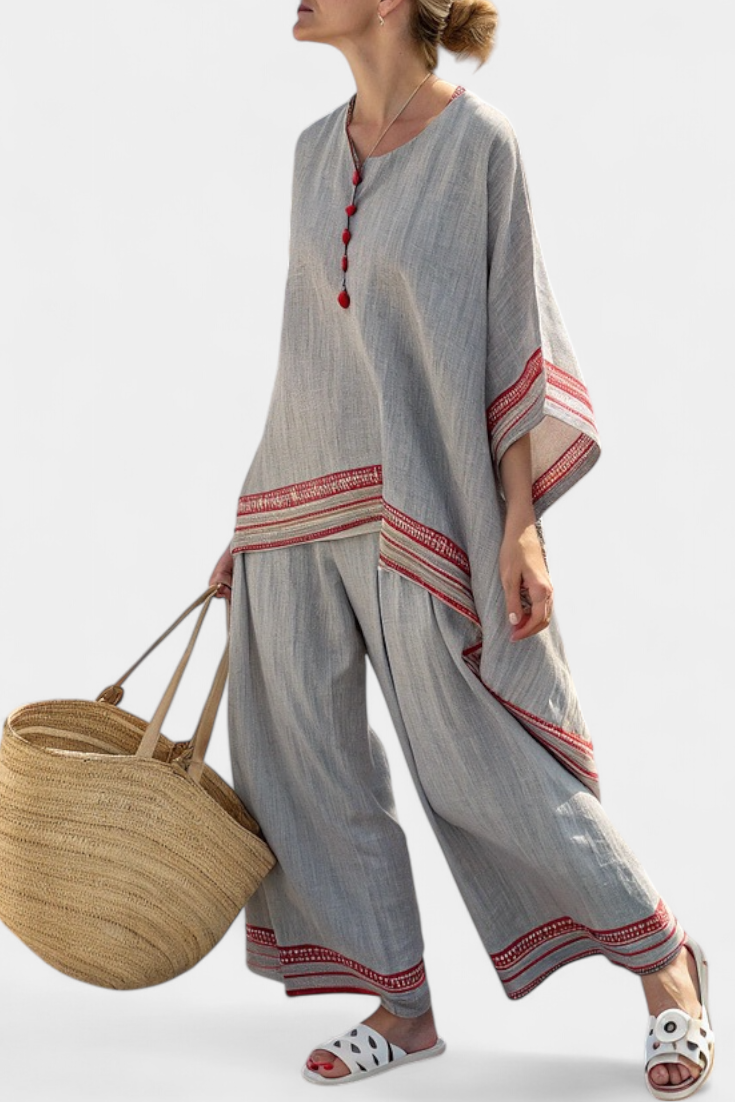 Contrast Trim Tunic Top and Wide Leg Pants Two Piece Set