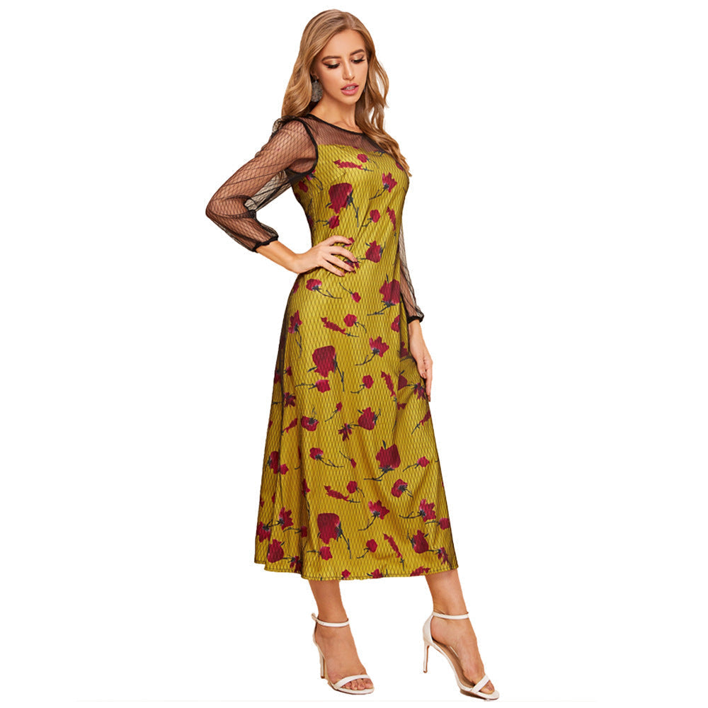 round Neck Long Sleeve Elastic Waist Long Patchwork Elegant Dress