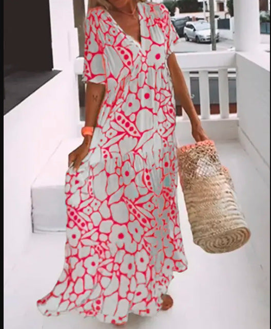 V-Neck Short Sleeve Floral Tiered Loose Maxi Beach Dress 6