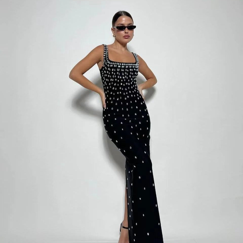 Rhinestone Polka Dot Square Neck Bandage High Split Maxi Dress
