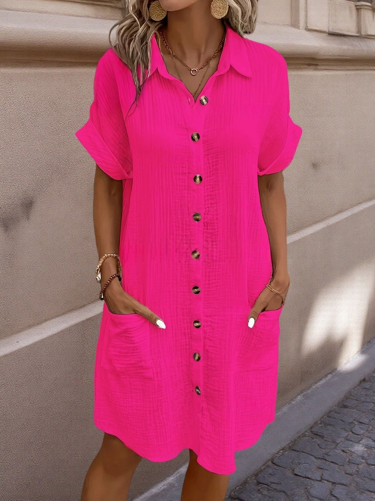 Textured Gauze Button Front Short Sleeve Shirt Dress