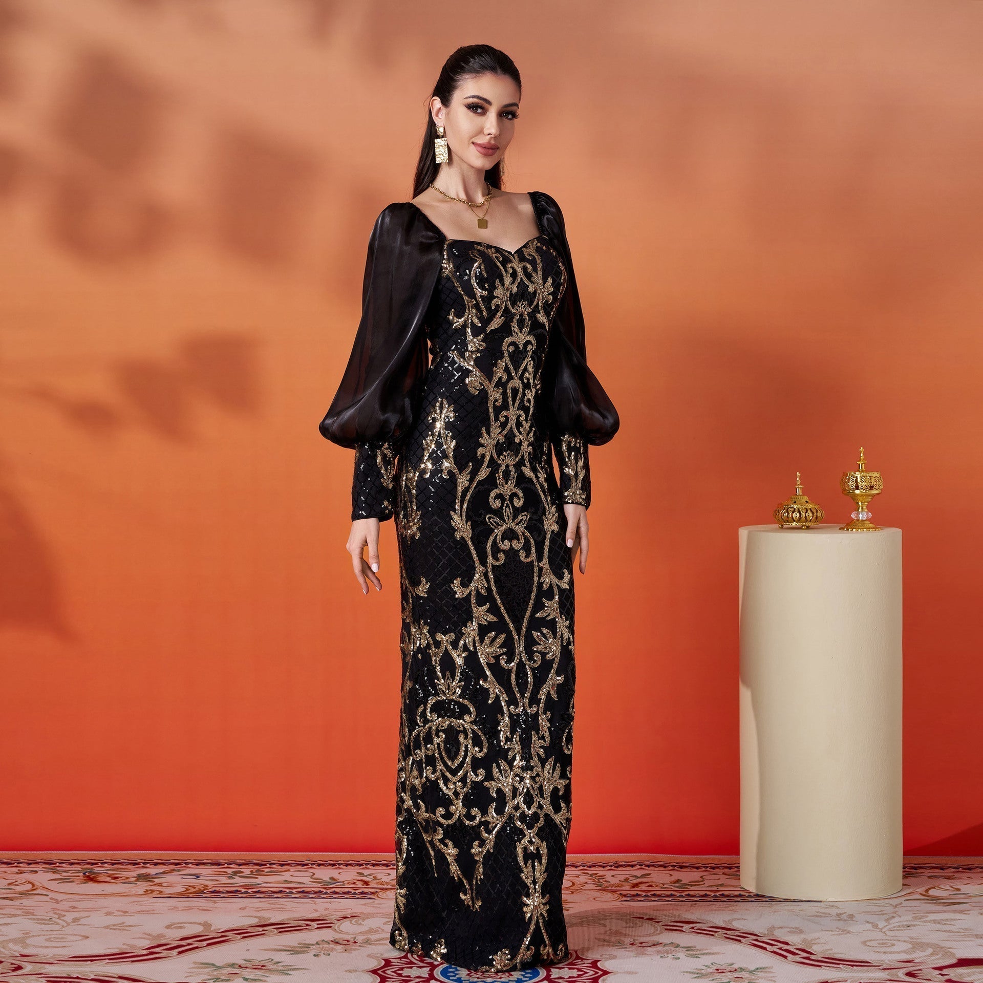 Sequin Sweetheart Neck Puff Sleeve Mermaid Formal Gown